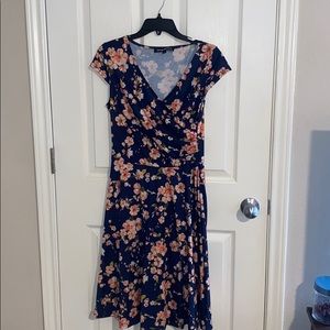 Navy and coral flower v-neck dress